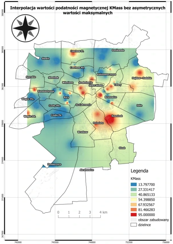 Mapa analizy przestrzennej GIS — interpolacja KMass